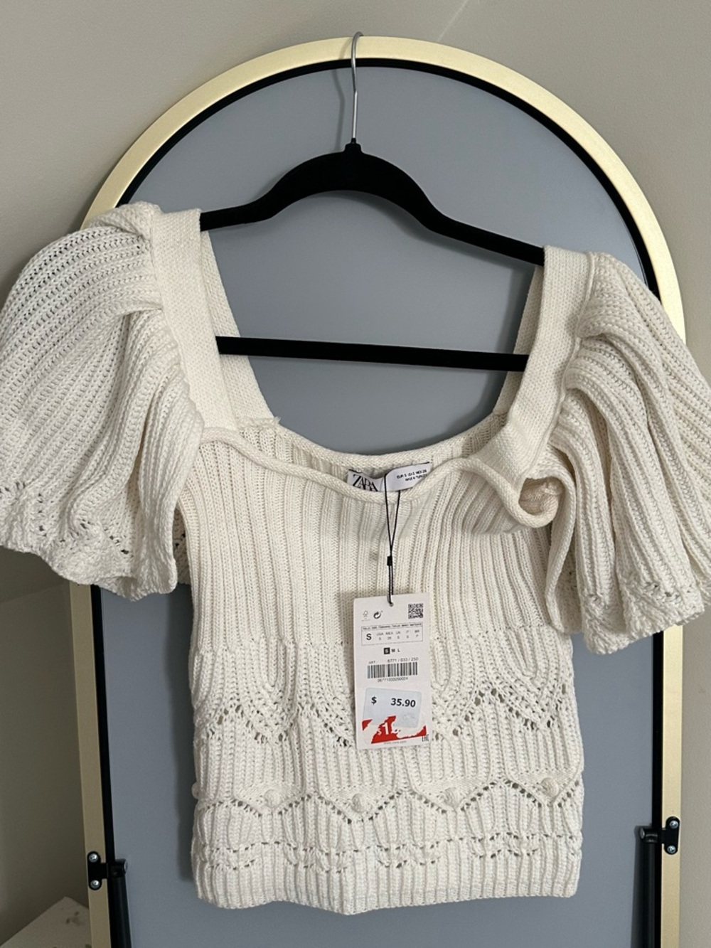 Zara Cream Square-Neck Puff Sleeve Knit Top